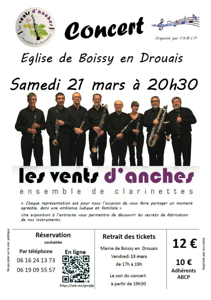 Affiche concert de l'Ensemble de clarinettes Les Vents d'Anches Samedi 21 mars 2026 à l'église de Boissy-en-Drouais