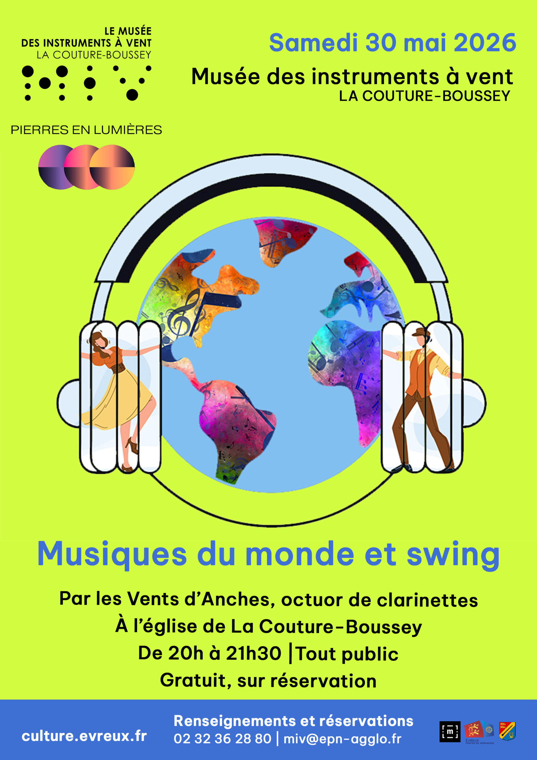 Affiche Concert Les Vents d'Anches Ensemble de clarinettes Eglise La Couture-Boussey Pierres en Lumière 2026